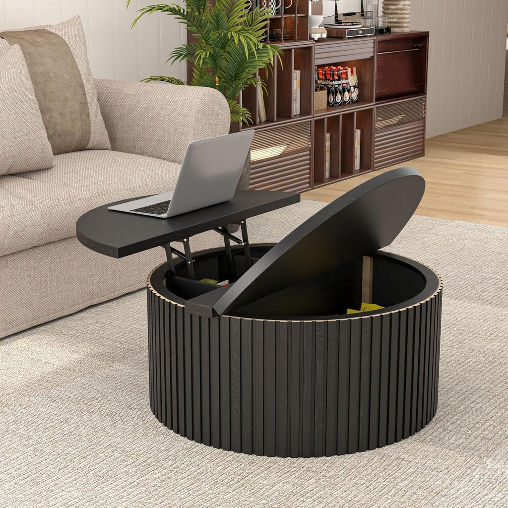 34.6" Fluted Round Lift Top Coffee Table with Hidden Storage, Black U84132