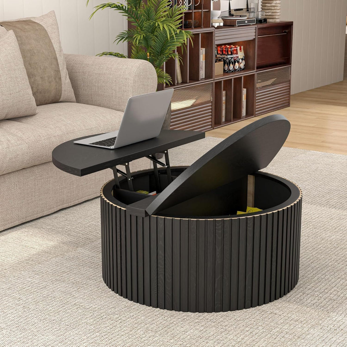 34.6" Fluted Round Lift Top Coffee Table with Hidden Storage, Black U84132