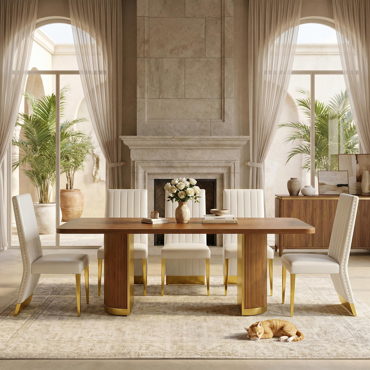 78" Walnut Dining Table Set with White Leather Chairs for 8 B71113