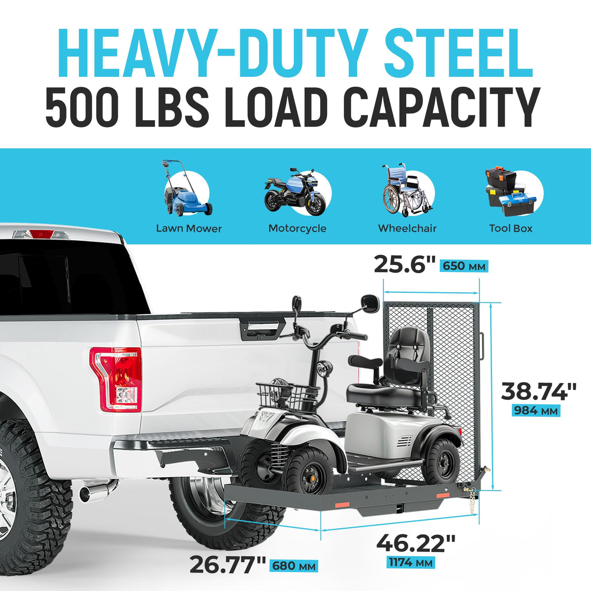 46.2 X 26.8 X 38.7 Inch Foldable Hitch Cargo Carrier with Ramp 500 Lbs M228530