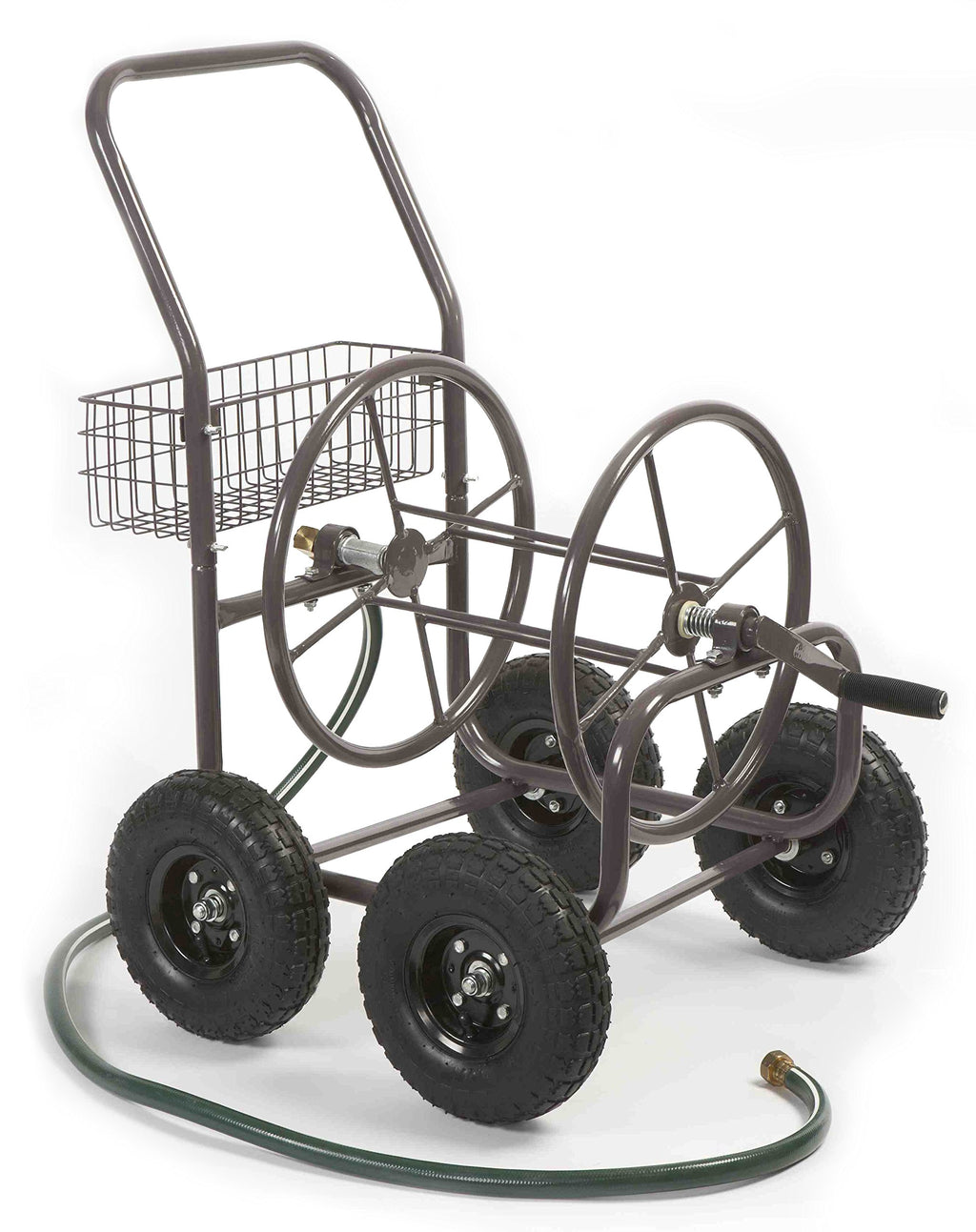 Four Wheel 250 Foot Capacity Steel Frame Water Hose Reel Cart with Basket B37185