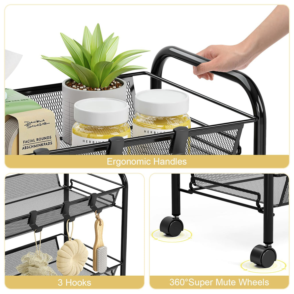 3 Tier Rolling Metal Storage Cart with Wheels, Black S1442