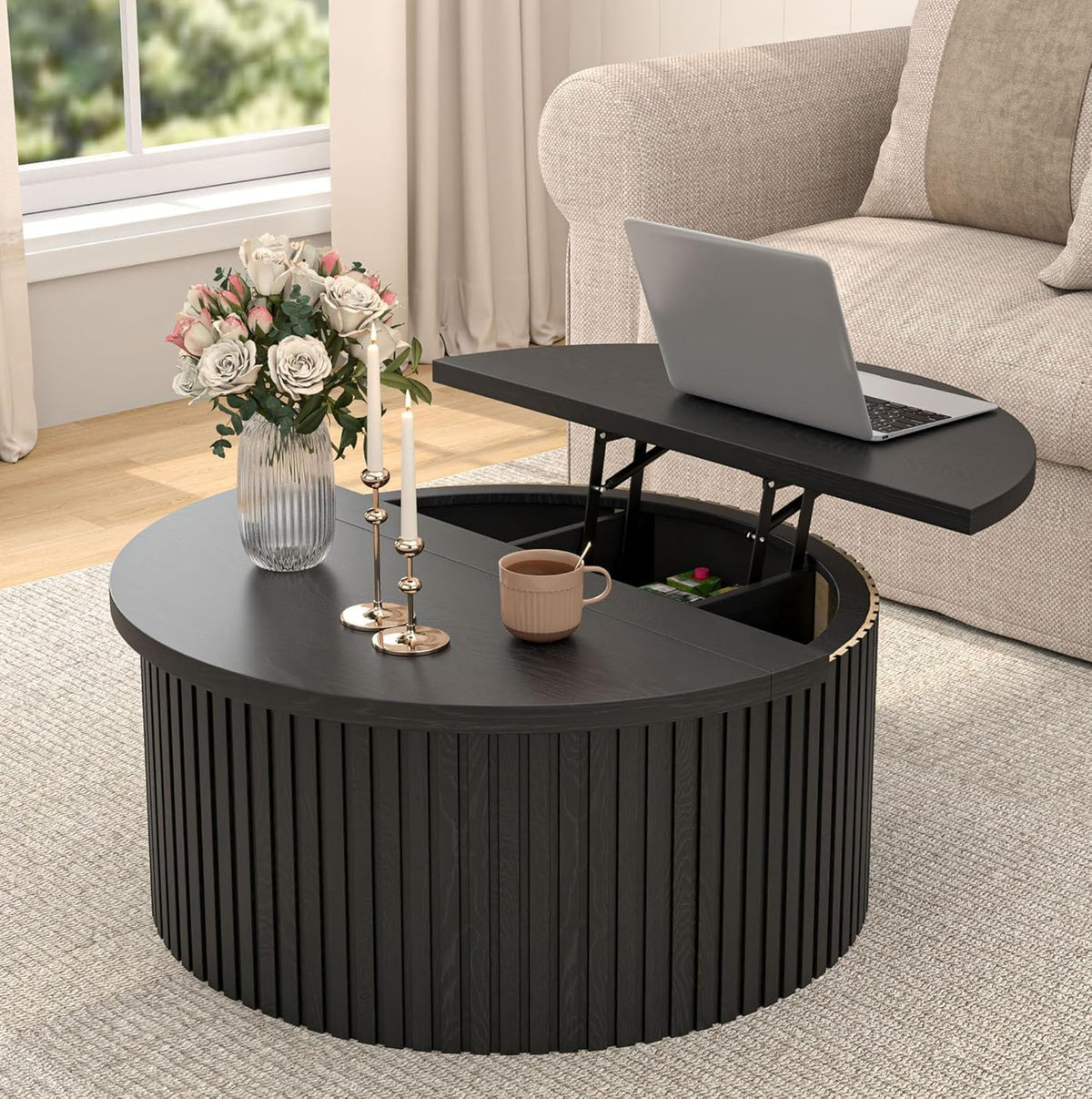 34.6" Fluted Round Lift Top Coffee Table with Hidden Storage, Black U84132