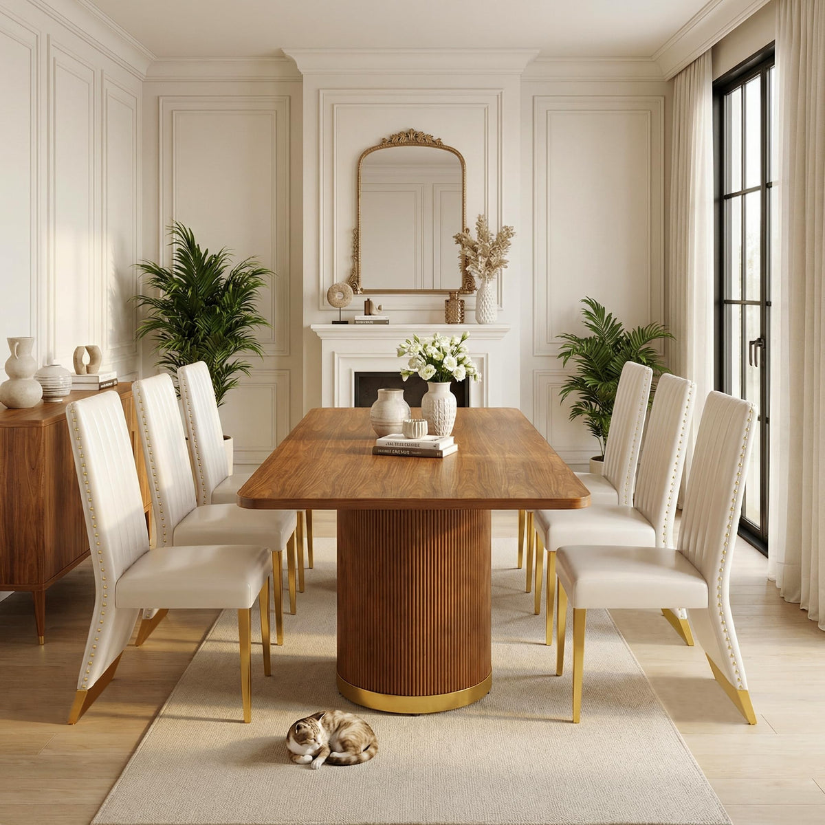 78" Walnut Dining Table Set with White Leather Chairs for 8 B71113