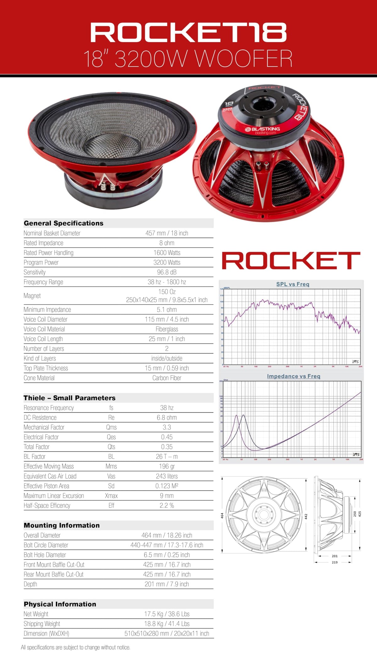 18" 3200W Woofer 8 Ω Carbon-Fiber Cone Subwoofer V840