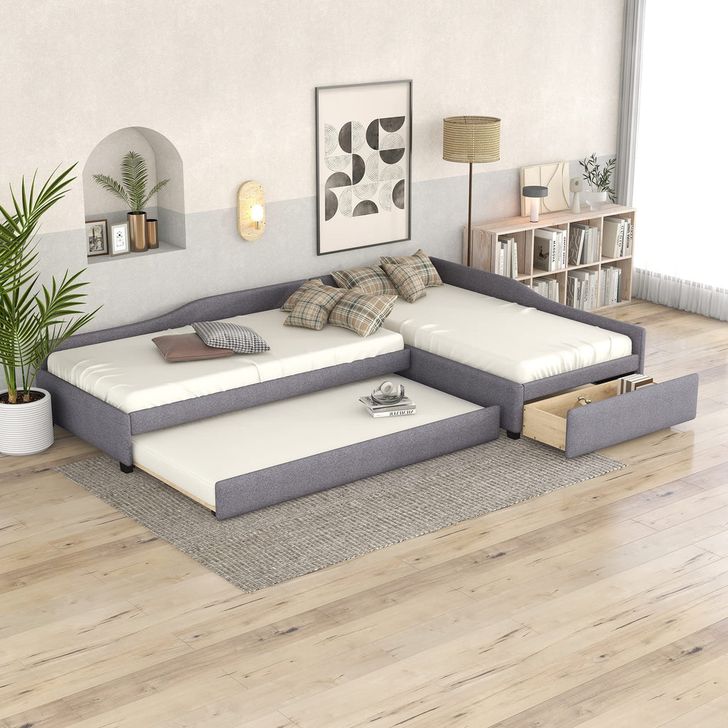 L Shaped Twin Daybed with Trundle and Storage Drawers T11125