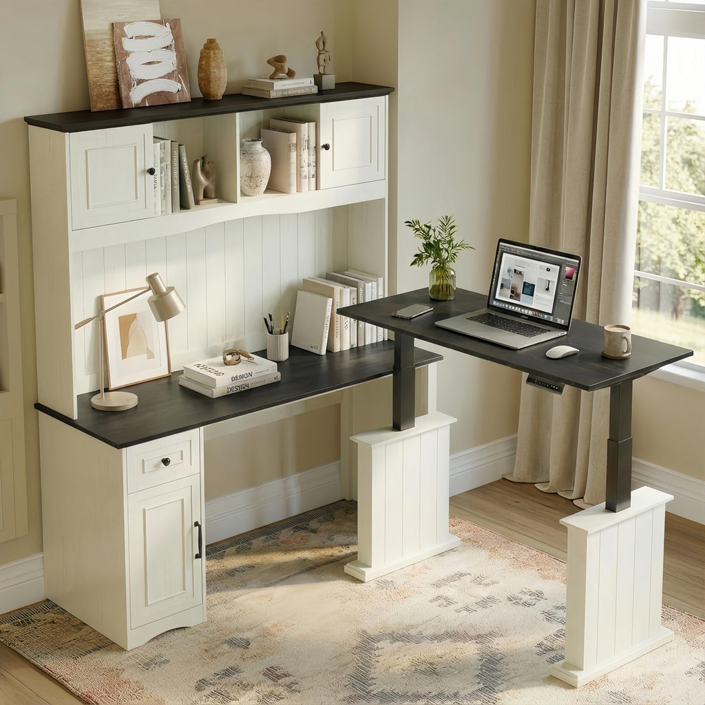 L Shaped Electric Standing Desk with Hutch and Drawers, Antique White P3241