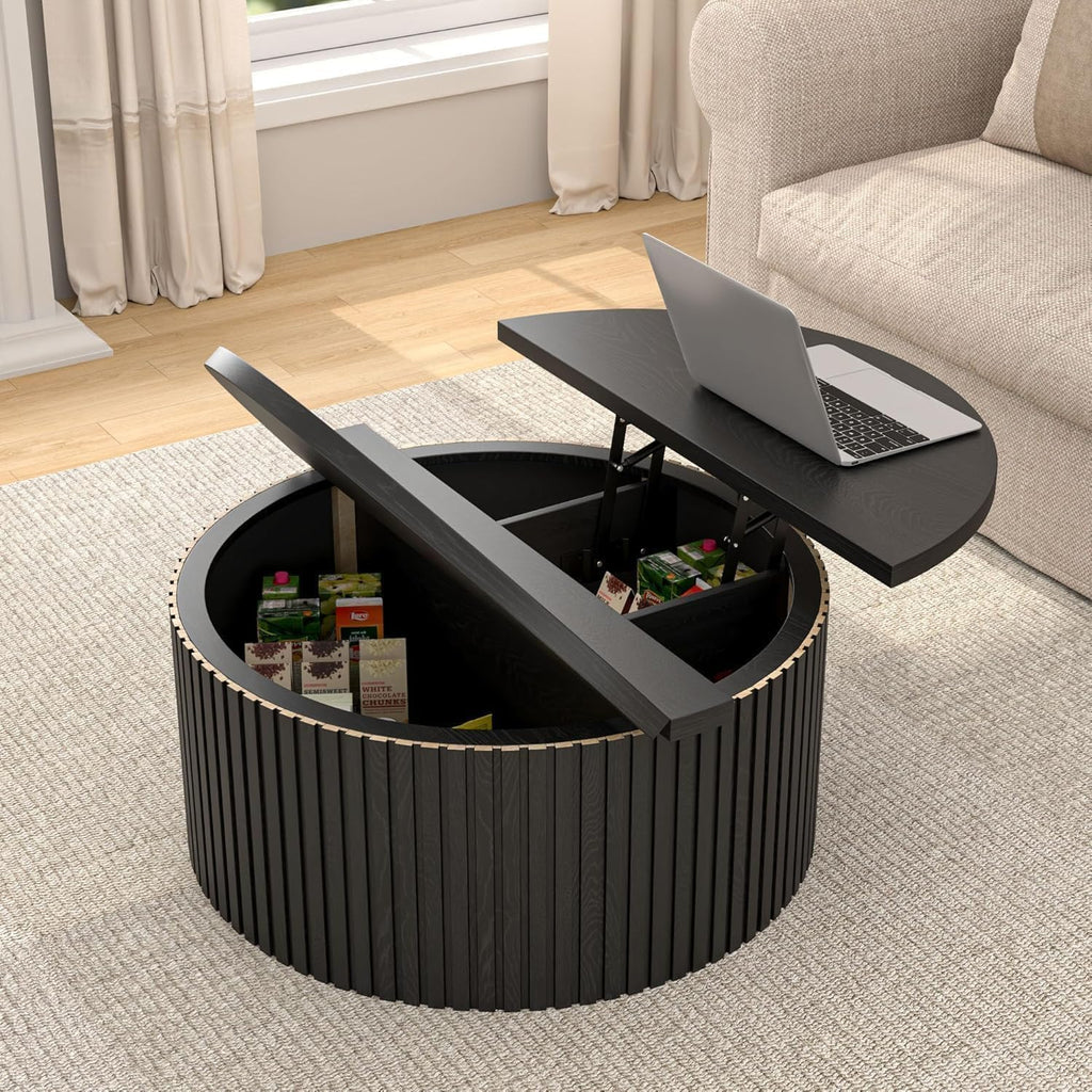 34.6" Fluted Round Lift Top Coffee Table with Hidden Storage, Black U84132