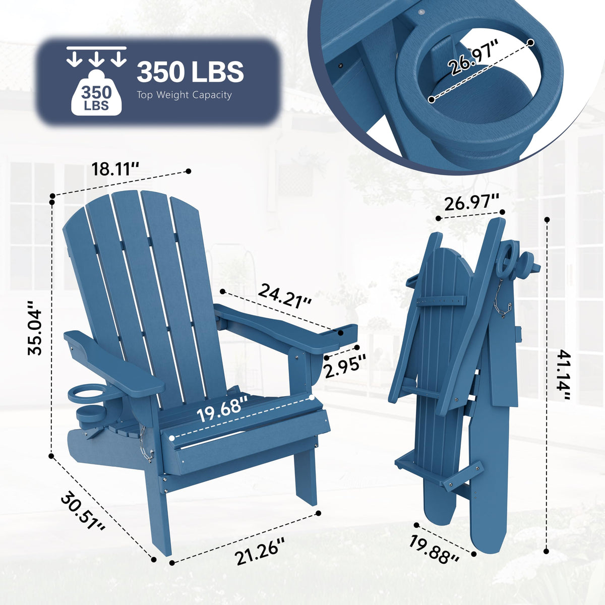 Folding Adirondack Chair Set of 2 with Cup Holder Navy Blue U258531