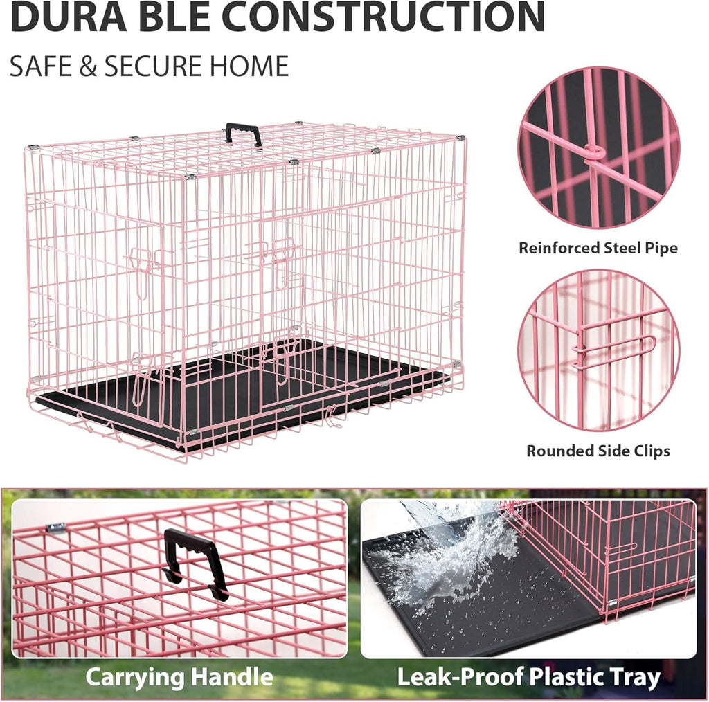 48 Inch Extra Large Pink Folding Metal Wire Dog Crate with Divider Panel F6087