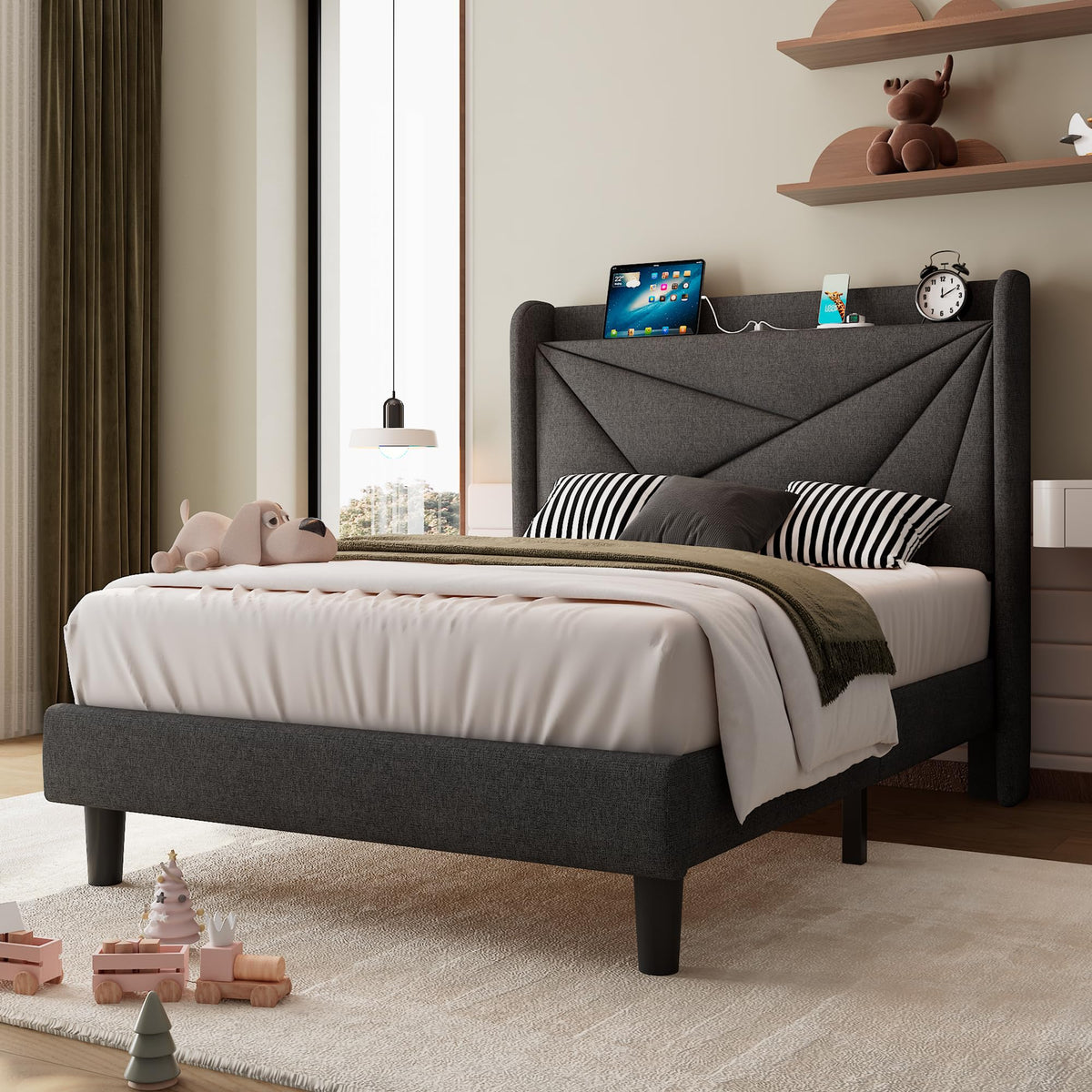 Twin Size Linen Platform Bed Frame with Wingback Upholstered Headboard E105879