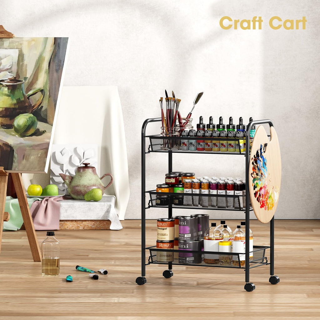 3 Tier Rolling Metal Storage Cart with Wheels, Black S1442