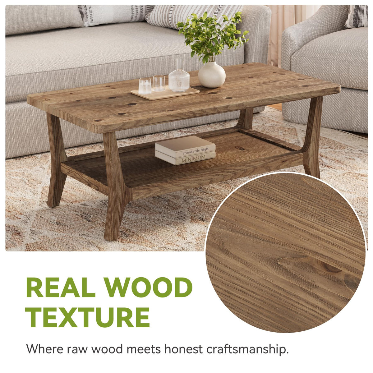 Solid Wood Coffee Table with Storage, 2-Tier Shelf S778134
