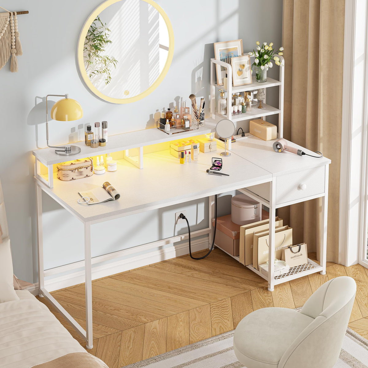 44" White Gaming Desk with Hutch & Shelves Q7594