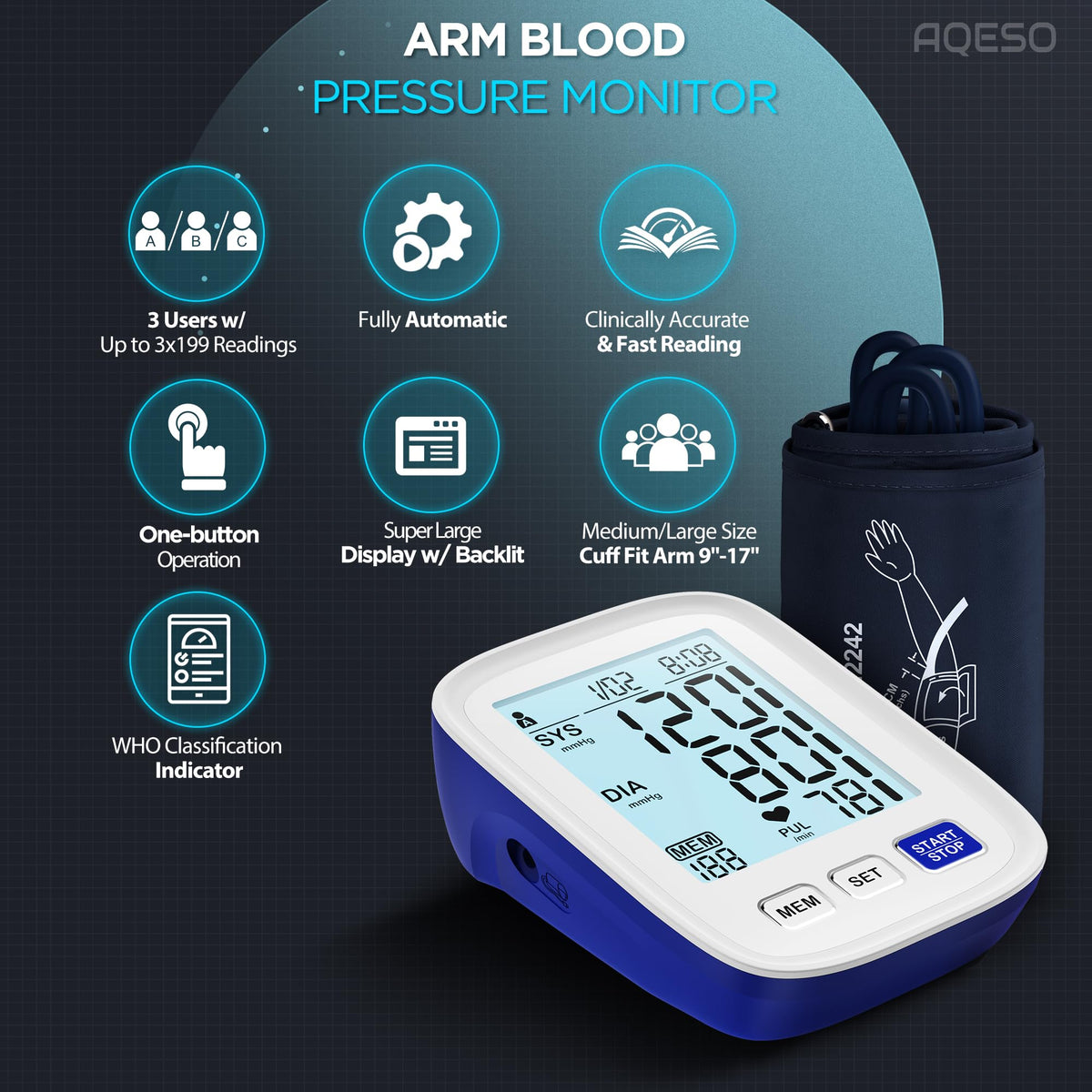 Automatic Digital Blood Pressure Monitor, 9-17 Inches Cuff, Large Backlit Screen N86517