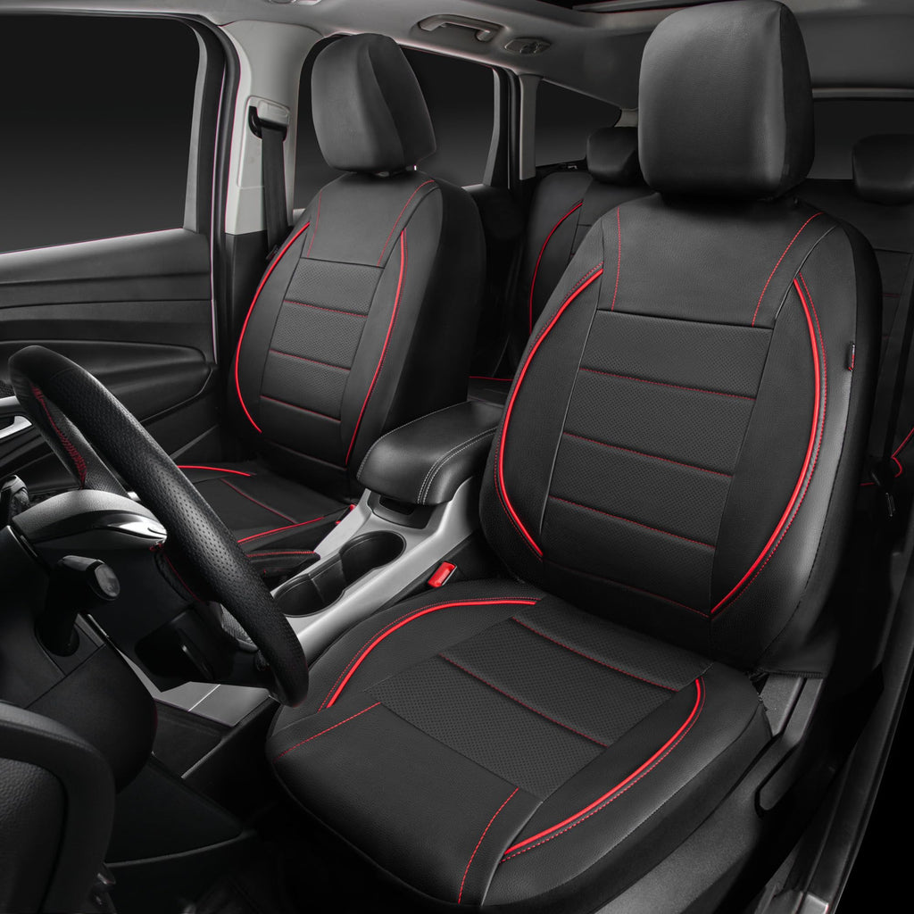 Black Red Faux Leather Front Seat Covers D488549