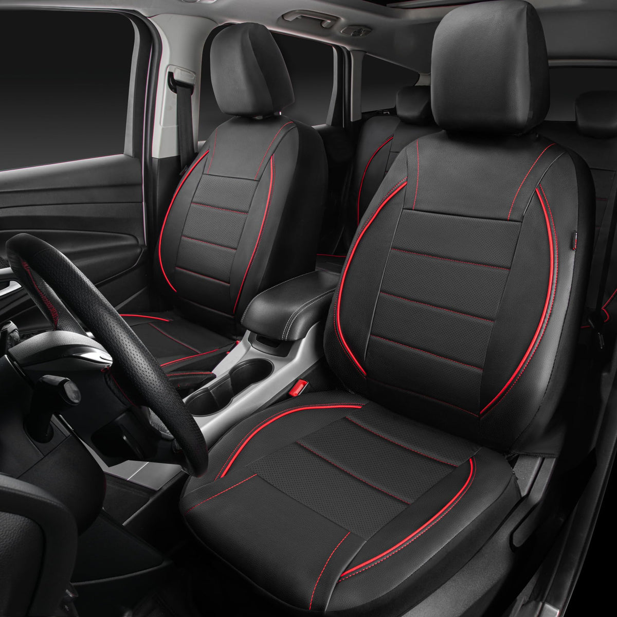 Black Red Faux Leather Front Seat Covers D488549