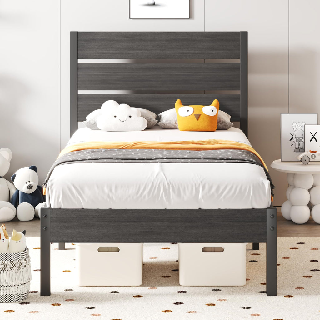 Twin Bed Frame with Headboard and Footboard, Metal, Under-Bed Storage, Grey Z7487