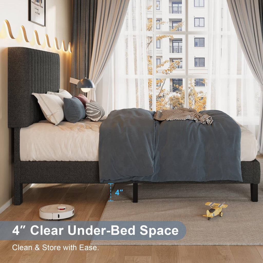 Twin Size Upholstered Linen Platform Bed Frame with Headboard L7152