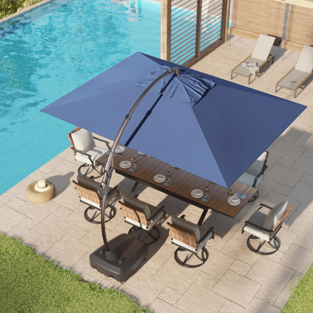 9x12 FT Navy Blue Cantilever Umbrella with Base & Cover T739554