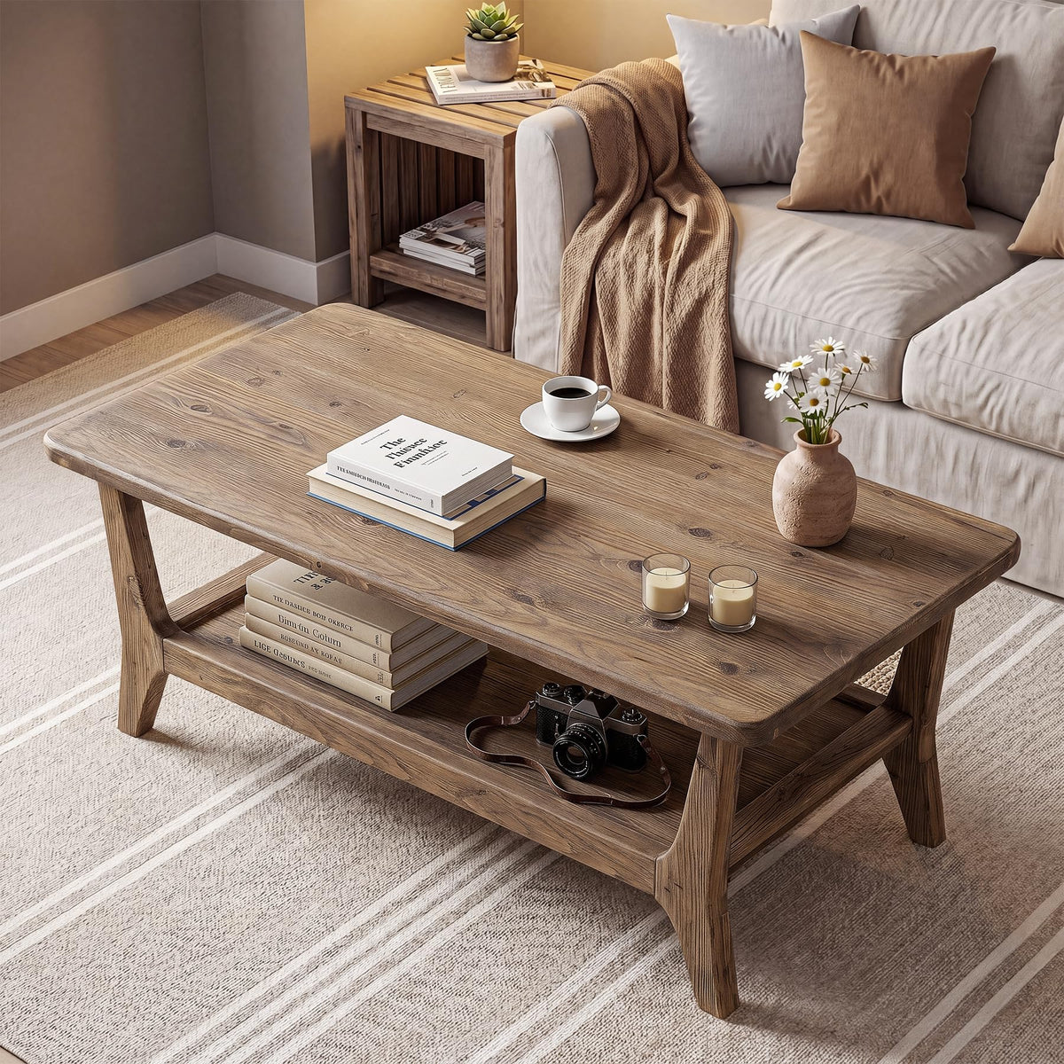 Solid Wood Coffee Table with Storage, 2-Tier Shelf S778134
