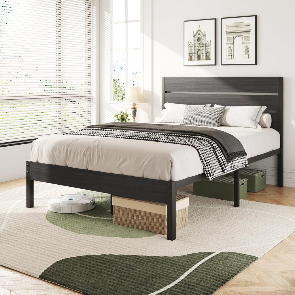 Twin Bed Frame with Headboard and Footboard, Metal, Under-Bed Storage, Grey Z7487