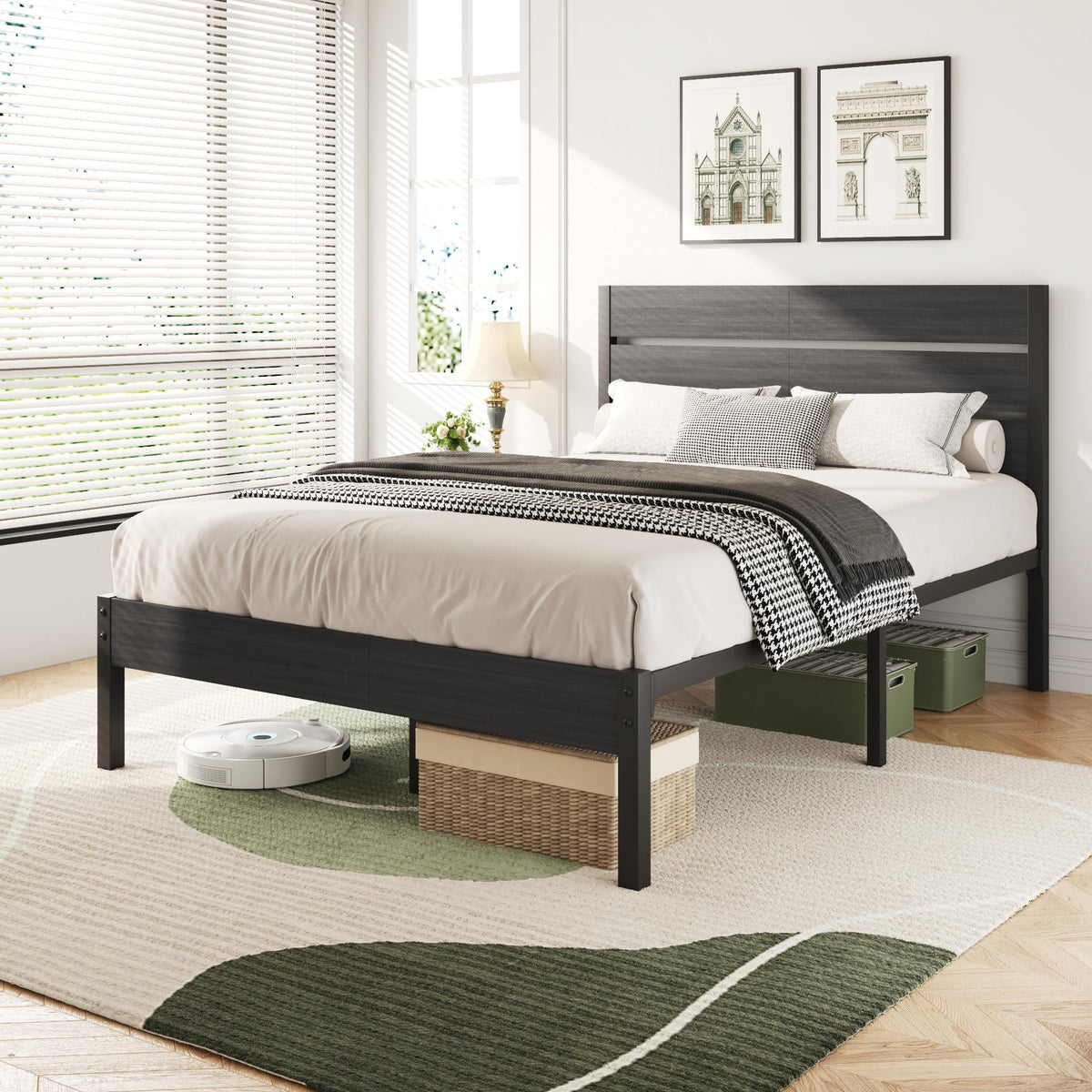 Twin Bed Frame with Headboard and Footboard, Metal, Under-Bed Storage, Grey Z7487