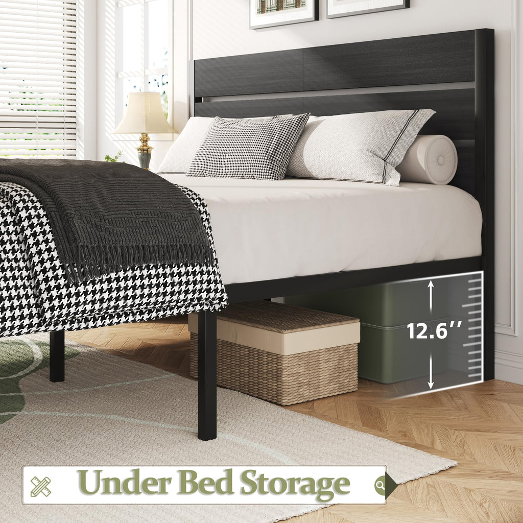 Twin Bed Frame with Headboard and Footboard, Metal, Under-Bed Storage, Grey Z7487