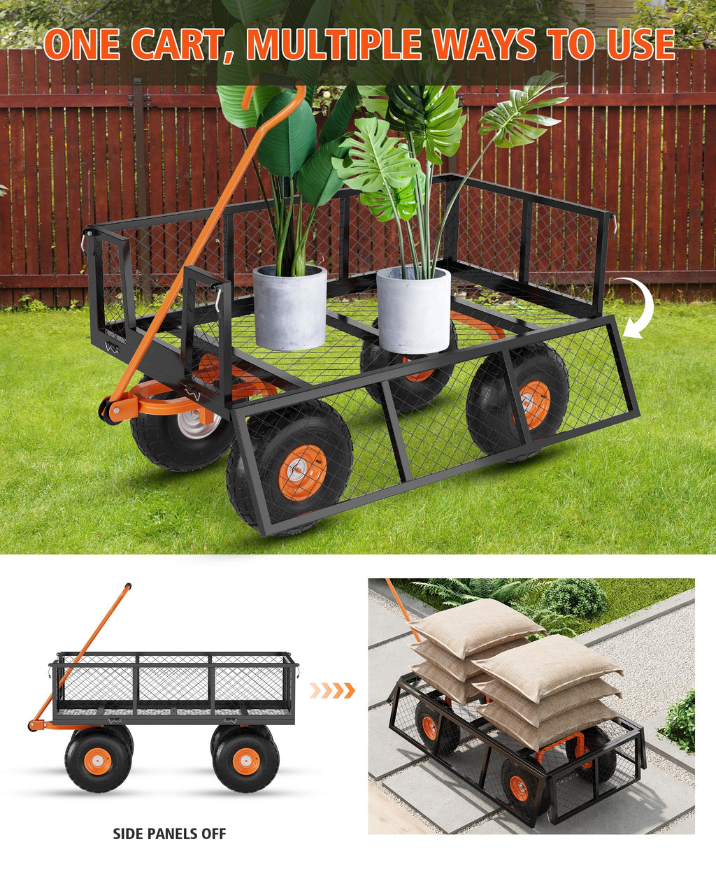 Heavy Duty Steel Garden Cart 900 LBS Capacity 3 in 1 Pullable Wagon with 10 in Wheels D9993