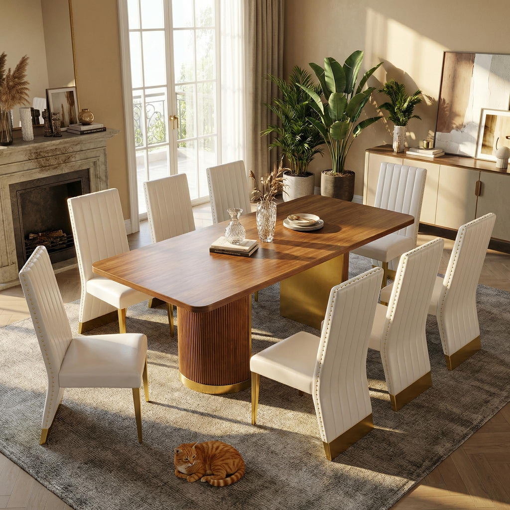 78" Walnut Dining Table Set with White Leather Chairs for 8 B71113