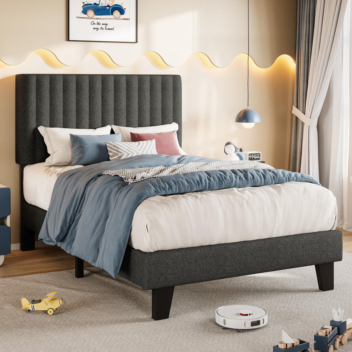 Twin Size Upholstered Linen Platform Bed Frame with Headboard L7152