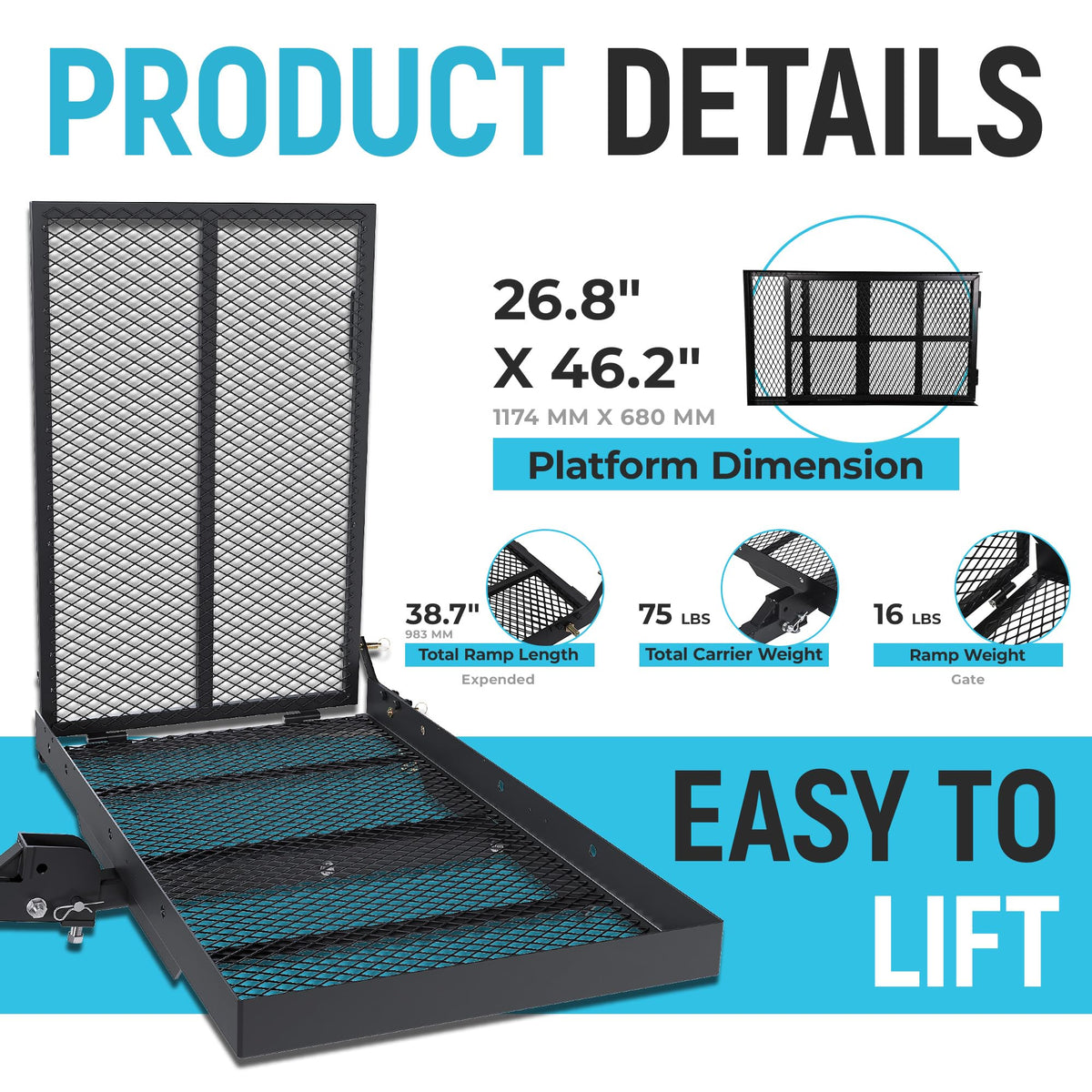 46.2 X 26.8 X 38.7 Inch Foldable Hitch Cargo Carrier with Ramp 500 Lbs M228530