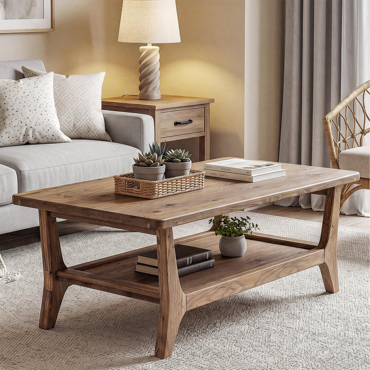 Solid Wood Coffee Table with Storage, 2-Tier Shelf S778134