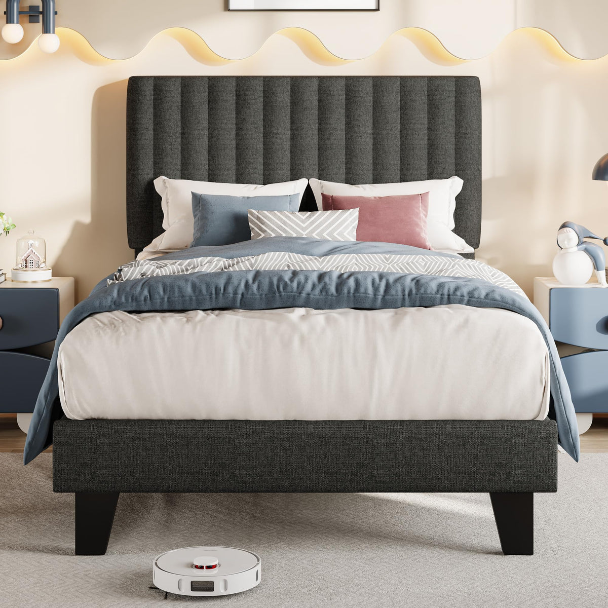 Twin Size Upholstered Linen Platform Bed Frame with Headboard L7152