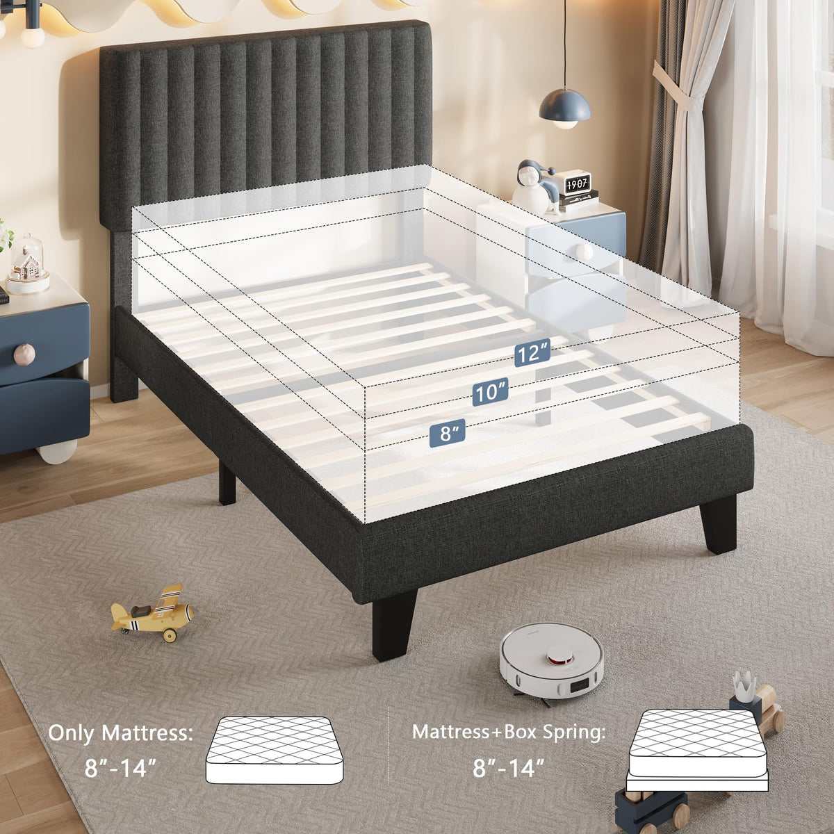 Twin Size Upholstered Linen Platform Bed Frame with Headboard L7152