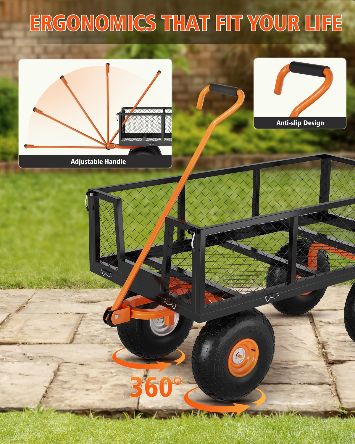 Heavy Duty Steel Garden Cart 900 LBS Capacity 3 in 1 Pullable Wagon with 10 in Wheels D9993