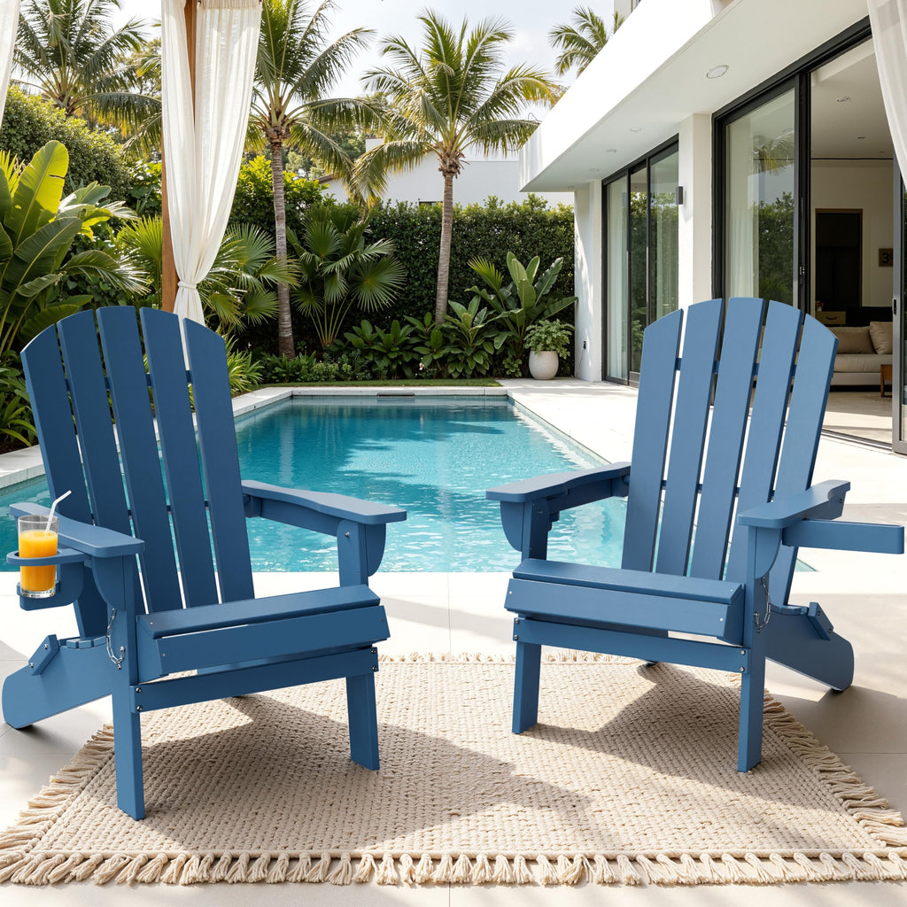 Folding Adirondack Chair Set of 2 with Cup Holder Navy Blue U258531