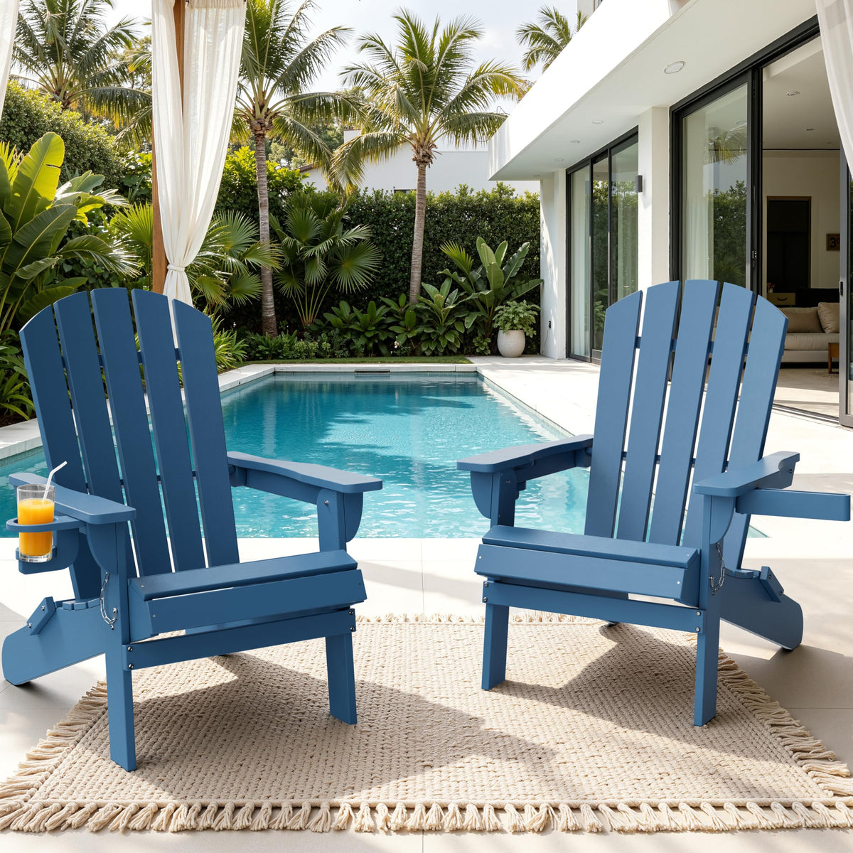 Folding Adirondack Chair Set of 2 with Cup Holder Navy Blue U258531