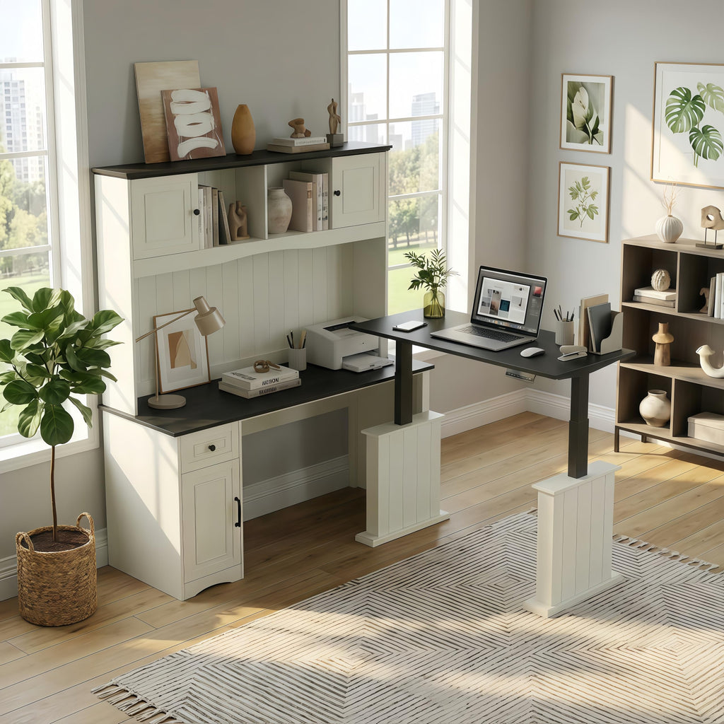 L Shaped Electric Standing Desk with Hutch and Drawers, Antique White P3241