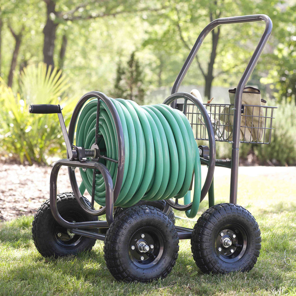 Four Wheel 250 Foot Capacity Steel Frame Water Hose Reel Cart with Basket B37185
